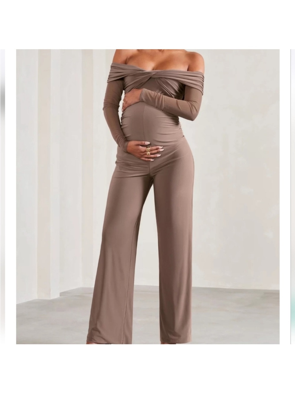 CLUB L LONDON Kyla Maternity Jumpsuit – Mocha tan brown 12 one piece off shoulde